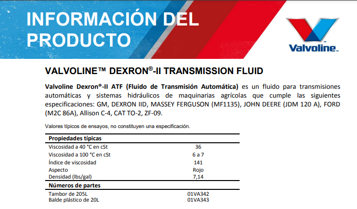 ACEITE VALVOLINE ATF DEXRON 2 TRANSMISIONES AUTOMATICA ( ROJO) - BALDE DE 20 LITROS