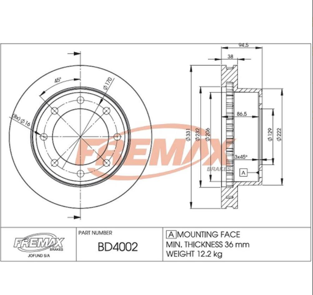 DISCO DE FRENO DEL/TRAS FORD 4000 98/... (VENTILADO-D.330 MM)