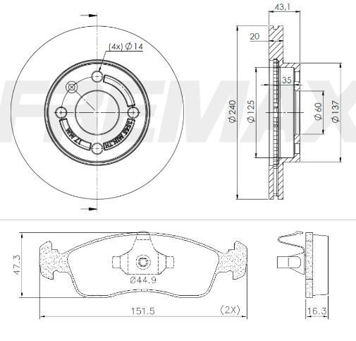 KIT  DISCO -PASTILLA DE FRENO - CHEVROLET ONIX  ( BD 3545 (X2) - PD/94 )