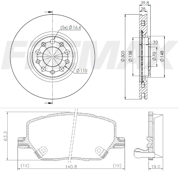 KIT  DISCO -PASTILLA DE FRENO - FIAT TORO - 500X - JEEP RENEGADE - COMPASS(BD-3608X2 +PD-1512)