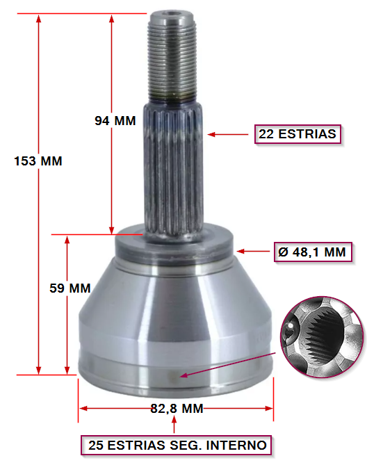 JUNTA HOMOCINETICA  L/ RUEDA  FIAT REGATTA 100 - 2000  - E:22 / I: 25 - SEGURO INTERNO