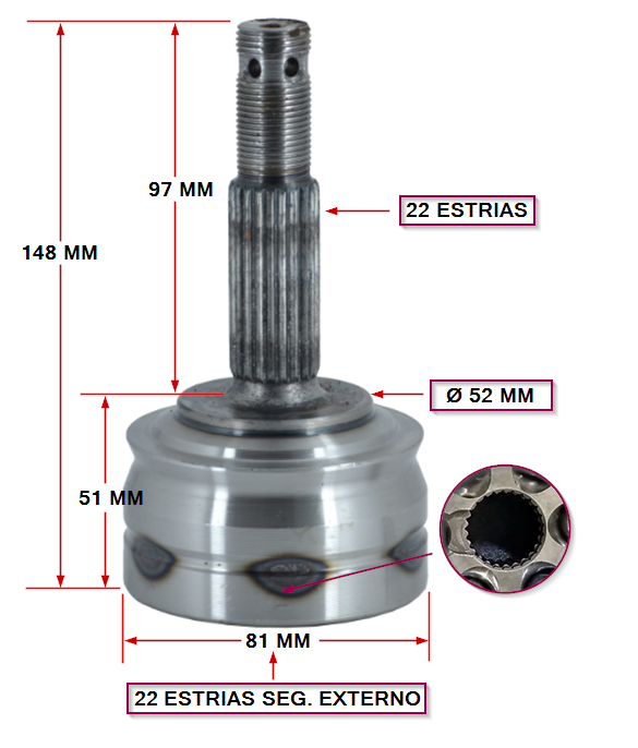 JUNTA HOMOCINETICA LADO RUEDA CHEVROLET CORSA 1.7 D  E:22 /I: 22 SEG. EXTERIOR