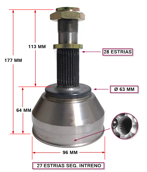 JUNTA HOMOCINETICA - L/RUEDA  FIAT DUCATO - CITROEN JUMPER - PEUGEOT BOXER - EXT.:28 - INT.:27 SEG. INTERNO