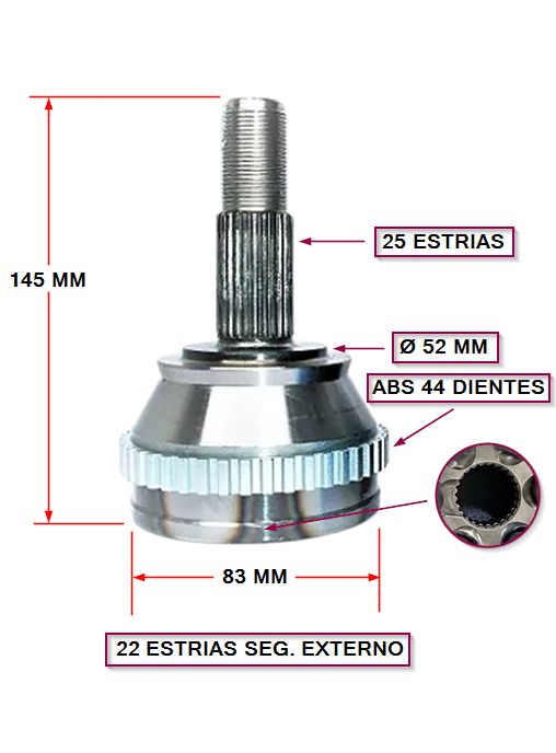 JUNTA HOMOCINETICA  FIAT BRAVO-BRAVA  L/RUEDA ABS EXT: 25  -  INT: 22 SEGURO-E