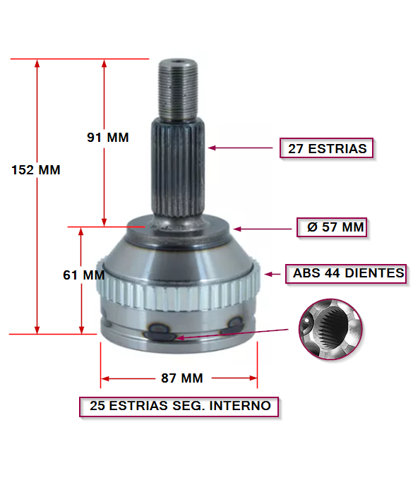 JUNTA HOMOC. FORD MONDEO L/RUEDA E:27 I:25 SEG. INTERNO  (CON ABS 44 DIENTES)