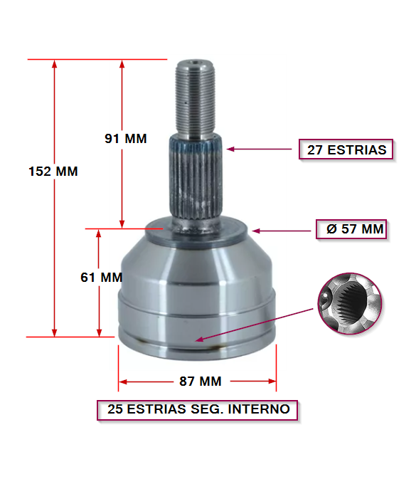 JUNTA HOMOCINETICA FORD MONDEO L/RUEDA E:27- I:25 SEG. INTERNO (SIN ABS)