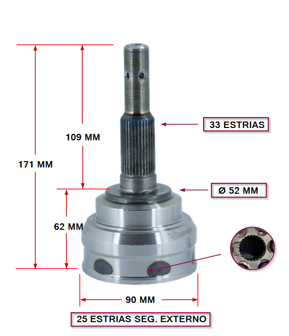 JUNTA HOMOCINETICA CHEV. VECTRA / MONZA/ KADET EXT. 33 INT. 25 SEG. EXT.