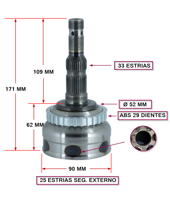 JUNTA HOMOCINETICA GMC VECTRA/KADETT/ASTRA /ZAFIRA C/ABS E:33 /I:25   ABS:29
