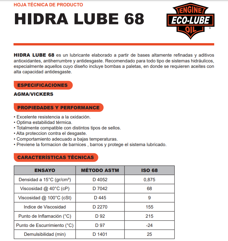ECO-LUBE HIDRAULICO LUBE 68 HLP - ATF - BALDE x 20 LTS.