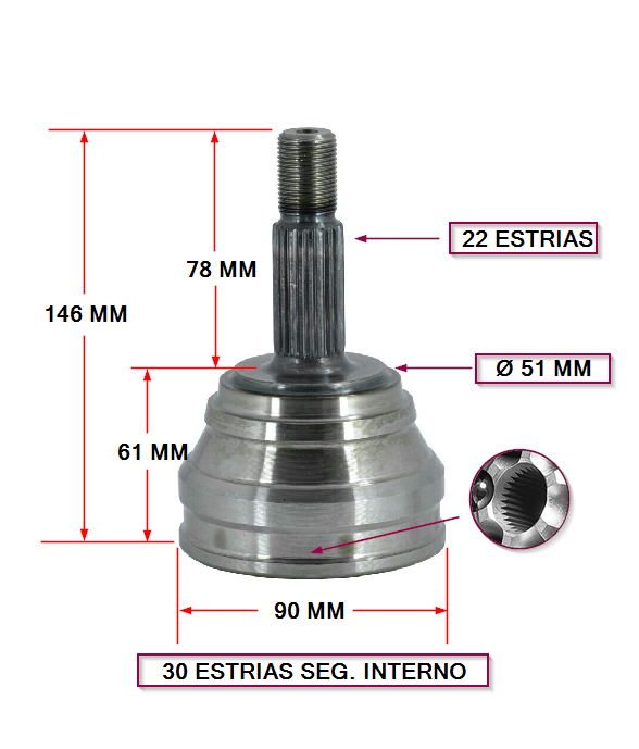 JUNTA HOMOCINETICA  FORD ESCORT 1.6- VW FOX /GOL  - AE L/RUEDA E:22 I:30 SEGUERO INTERNO