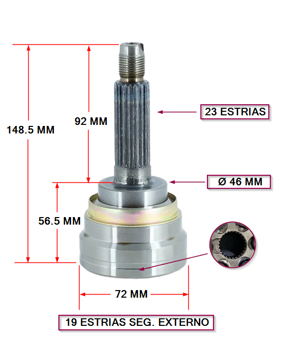 JUNTA HOMOCINETICA CHEV.  SPARK 08>L/RUEDA  E:23 I:19 SEGURO EXTERNO