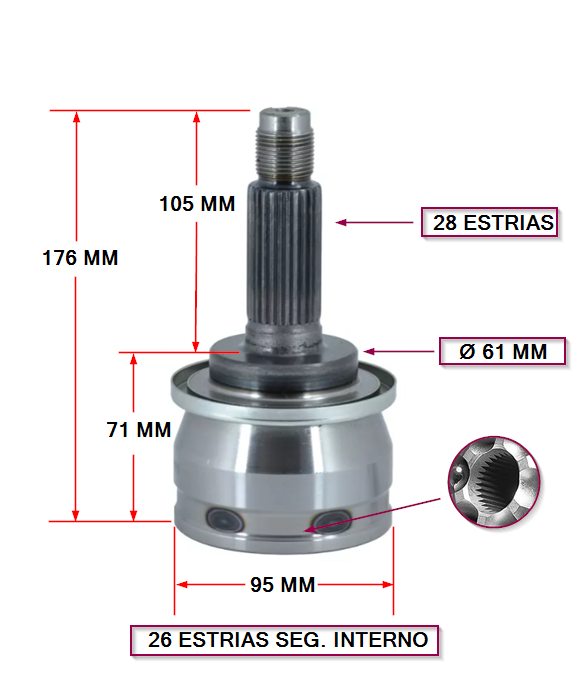 JUNTA HOMOCINETICA FORDA RANGER 12/...  E: 28 - I:26 SEG. INTERIOR