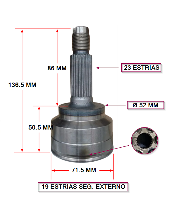 JUNTA HOMOCINETICA LADO RUEDA KIA PRIDE / MAZDA  121 - 23X19X52) S/EXTERNO