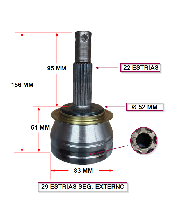 JUNTA HOMOCINETICA LADO RUEDA DAEWO RACER/CIELO/LANOS SOCH 22X29X52 SEG.EXTERNO