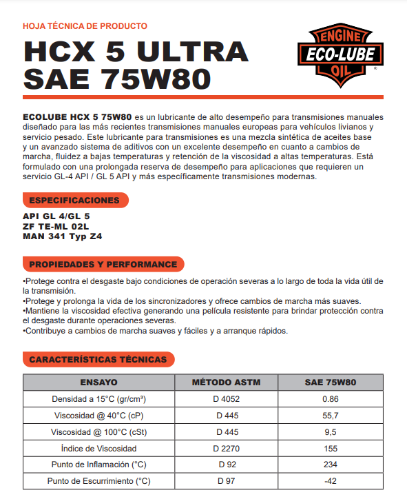 ECO-LUBE HCX 5 ULTRA 75W80 API GL-4/GL-5 BALDE X 20 LITROS