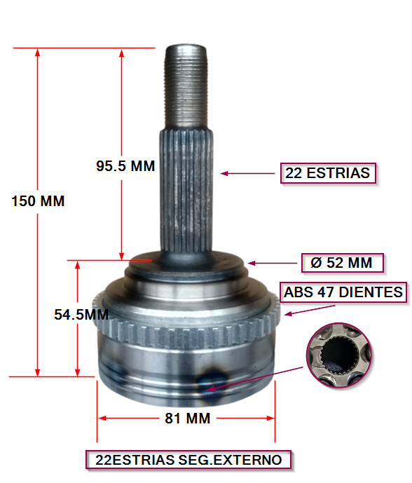 HOMOCINETICA - CHEVROLET AVEO - SPARK E:22 - I:22 SEG. EXTERNO ABS 47 DIENTES