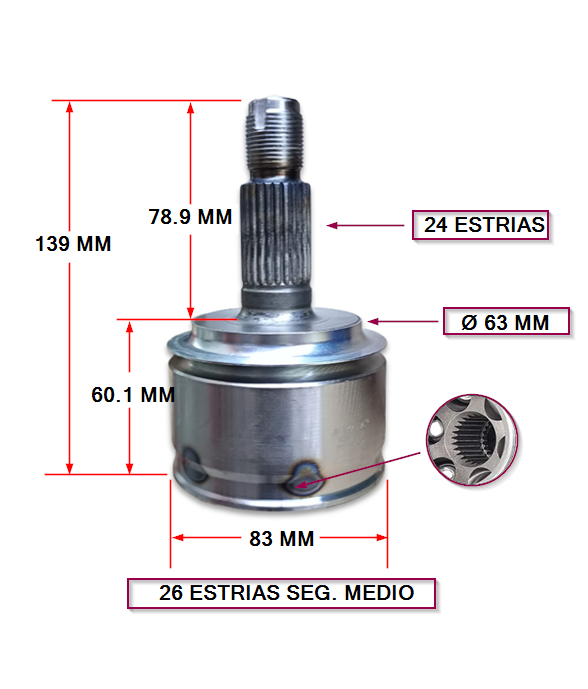 HOMOCINETICA - HONDA CIVIC 2012/2016 - EXT. 24 - INT 26 ESTRIAS - SEGURO MEDIO