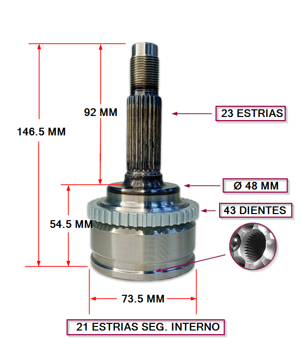 JUNTA HOMOC. CHERY FACE  L/RUEDA ABS 43 - EXT. 23 - INT. 21 SEGURO-I