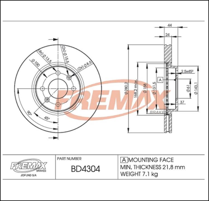 DISCO DE FRENO RENAULT KANGOO 2018/2024 - MEGANE II/LAGUNA (D.280 MM-4 AGUJEROS)