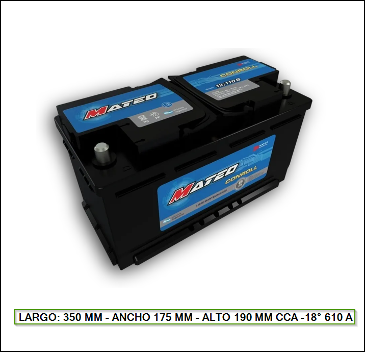 BATERIA MATEO 12X110 BAJA LARGO: 350 MM - ANCHO 175 MM - ALTO 190 MM CCA -18° 610 A AMAROK SPRINTER DUCATO MASTER