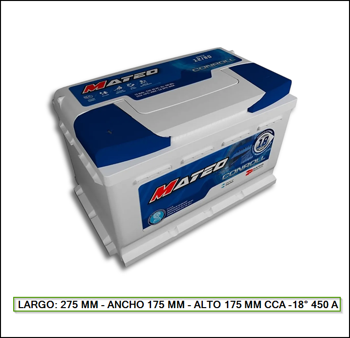 BATERIA MATEO 12X80 LARGO: 275 MM - ANCHO 175 MM - ALTO 175 MM CCA -18° 450 A (BLANCA)