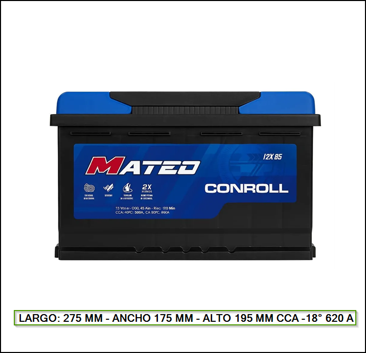 BATERIA MATEO 12X85 LARGO: 275 MM - ANCHO 175 MM - ALTO 195 MM CCA -18° 620 A