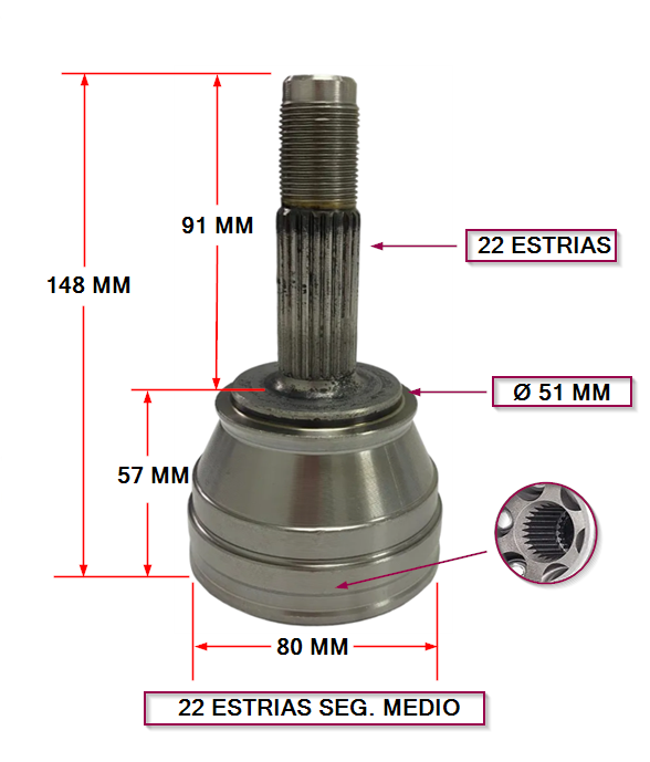 JUNTA HOMOCINETICA FIAT DOBLO / IDEA /PALIO WEEK / SIENA E:22 /I:22 SEG. MEDIO (148 MM ALT)