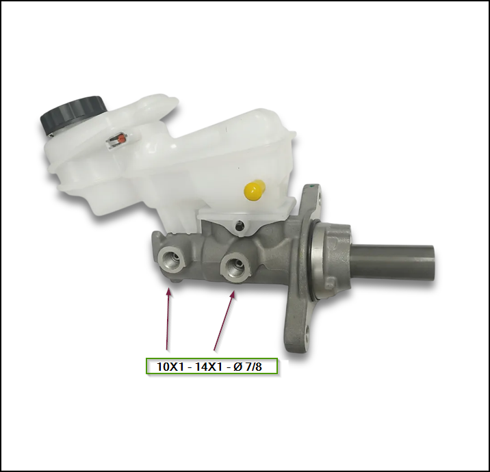 BOMBA DE FRENO D/C FORD RANGER 2018/... Ø 7/8 SALIDA (1) 10X1 C/C - SALIDSA (2) 14X1 C/C (CON DEPOSITO)