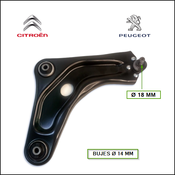 PARRILLA DE SUSPENSION DER. CITROEN CACTUS/DS3/C-ELYSEE 16/... - PEUGEOT 301/208 GTI  (CON RÓTULA CORTA Y BUJE DE 14 MM)