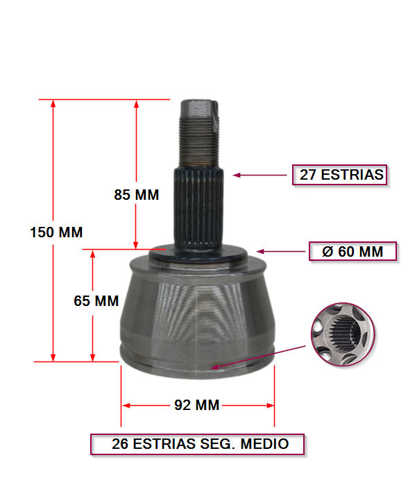 JUNTA HOMOCINETICA FIAT TORO - JEEP RENEGADE - EST. INT. 27 - EXT. 26 SEGURO MEDIO