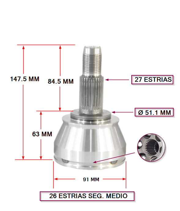 JUNTA HOMOCINETICA FIAT FASTBACK - PULSE - 1.3T - 2024 / 2026 - EST. EXT. 27 INT. 26 SEG. MEDIO