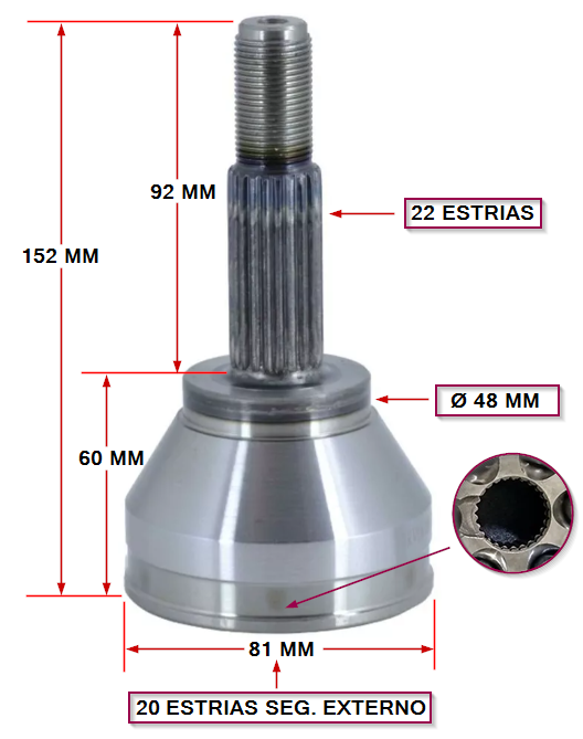 JUNTA HOMOCINETICA FIAT DUNA / UNO / FIORINO 147- 128 / REGGATA EXT:22 INT:20   (SEGURO EXTERIOR)